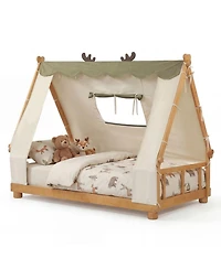 Sugift Twin Size House Floor Wood Bed with Removable Canopy Tent