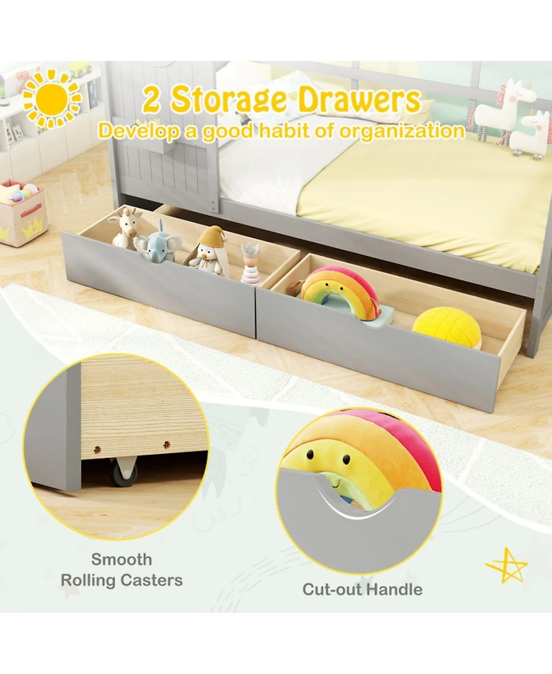 Sugift Twin Size Wooden House Bed with 2 Storage Drawers and Fence Guardrails