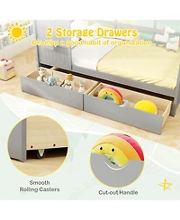 Sugift Twin Size Wooden House Bed with 2 Storage Drawers and Fence Guardrails