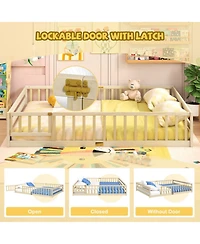 Sugift Queen Size Montessori Floor Bed with Full-Length Guardrails and Lockable Door