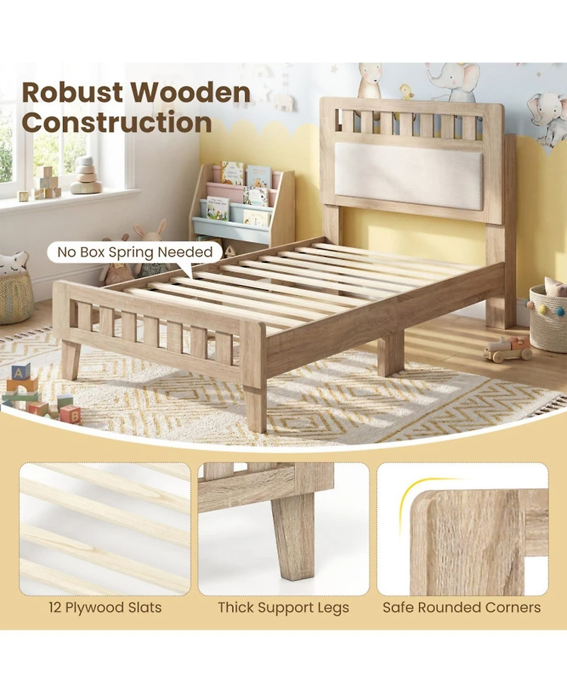 Sugift Twin Size Mid-Century Wood Bed Frame with Upholstered Headboard