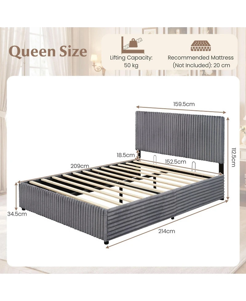Sugift Queen Size Lift-Up Storage Bed with Upholstered Headboard and Slat Support