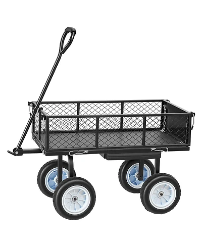 Mountaintop Garden Cart with Seat, 500 Lbs Steel Stool with Wheels, Tool Tray and Adjustable Handle, Black Wagon for Lawn, Patio, Backyard