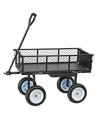 Mountaintop Garden Cart with Seat, 500 Lbs Steel Stool with Wheels, Tool Tray and Adjustable Handle, Black Wagon for Lawn, Patio, Backyard