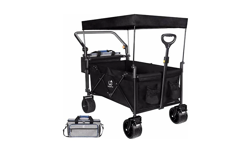Mountaintop Collapsible Wagon with Removable Canopy,4" All-Terrain Brake Wheels, Adjustable Handles, Cooler Bag for Garden and Beach