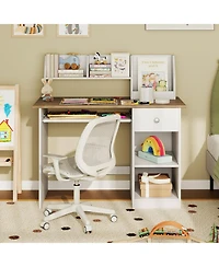 Costway Kids Study Desk, Wooden Writing Table with Keyboard Tray and Drawer,Side Bookshelf