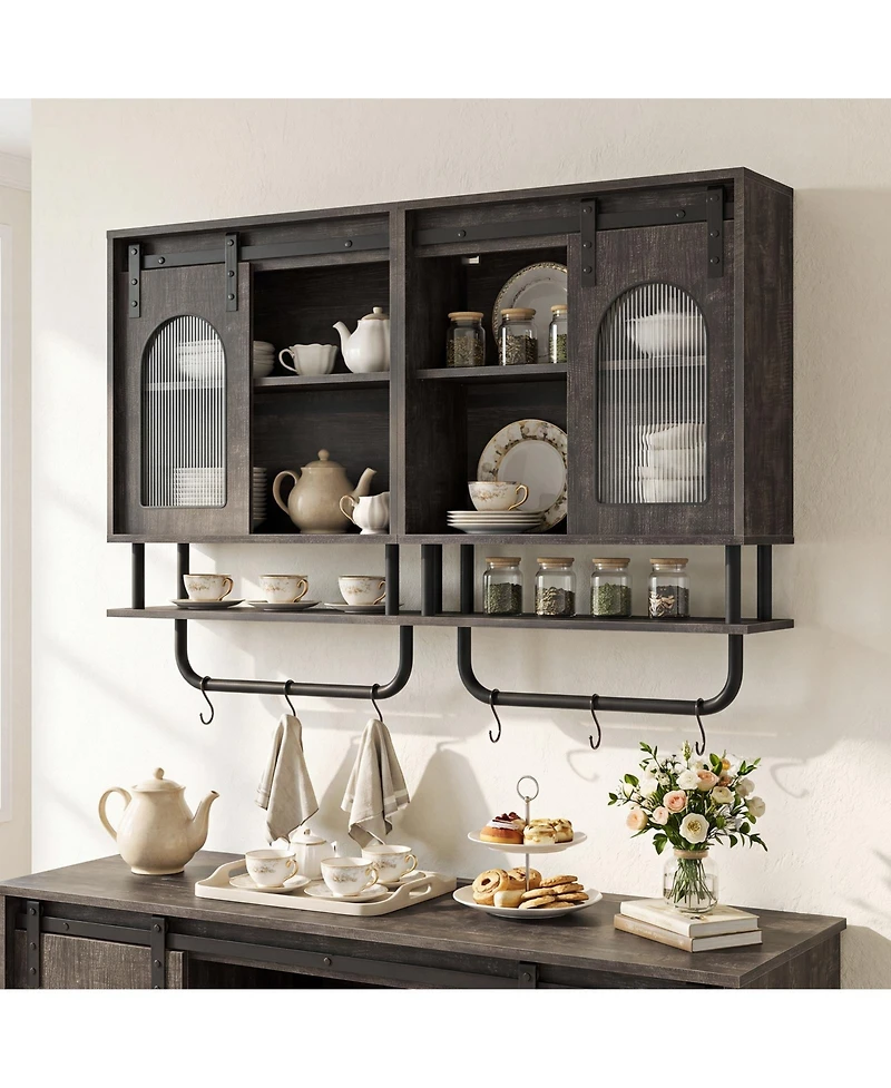 Costway Bathroom Wall Cabinet with Sliding Barn Door Metal Hanging Bar 3 Hooks for Kitchen