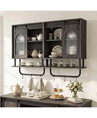 Costway Bathroom Wall Cabinet with Sliding Barn Door Metal Hanging Bar 3 Hooks for Kitchen