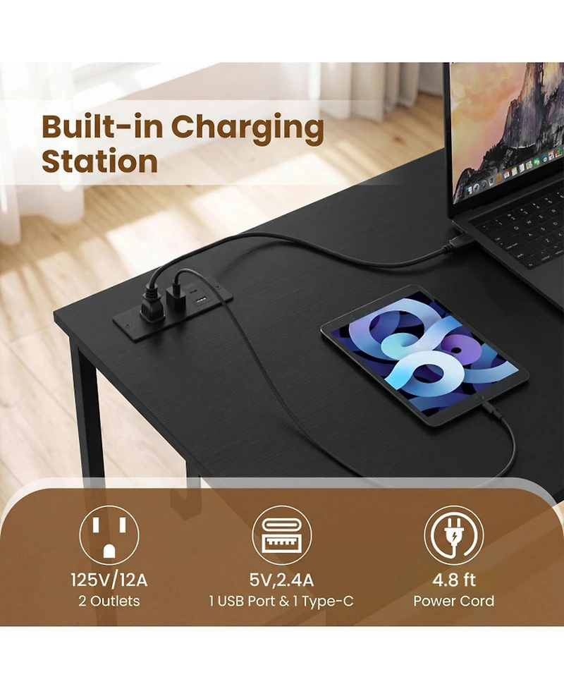 Sugift Computer Desk With Charging Station and 2 Fabric Drawers for Small Spaces