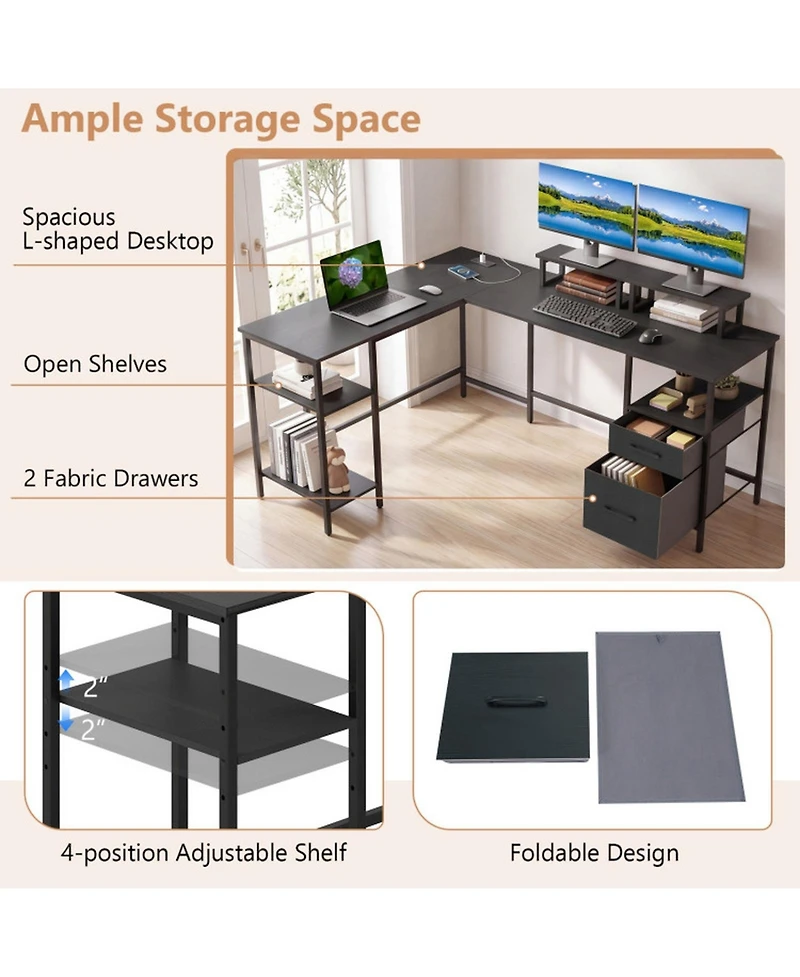 Sugift L-Shaped Reversible Computer Desk With Power Outlet Monitor Stand And 2 Foldable Drawers
