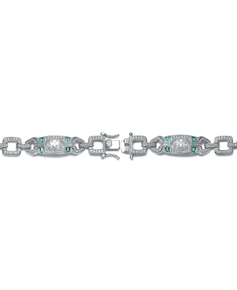 Antique Sterling Silver White Gold Plated Clear Round Baguette Cubic Zirconia Link Bracelet