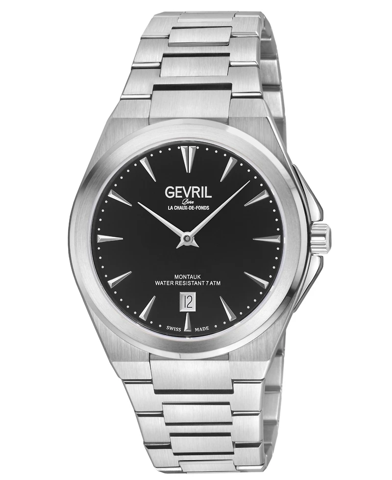 Gevril Men's Swiss Made Montauk Swiss Quartz Silver Stainless Steel Bracelet Watch