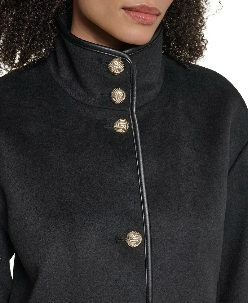 Karl Lagerfeld Paris Womens Double Faced Faux-Leather Trimmed Funnel Neck Coat