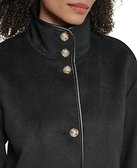 Karl Lagerfeld Paris Womens Double Faced Faux-Leather Trimmed Funnel Neck Coat
