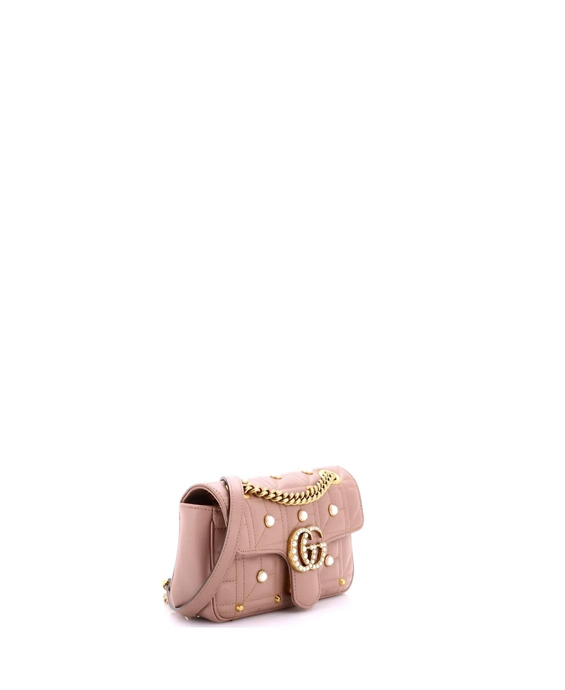 Pre-Owned Gucci Mini Pearly Gg Marmont Flap Bag Embellished Matelasse Leather
