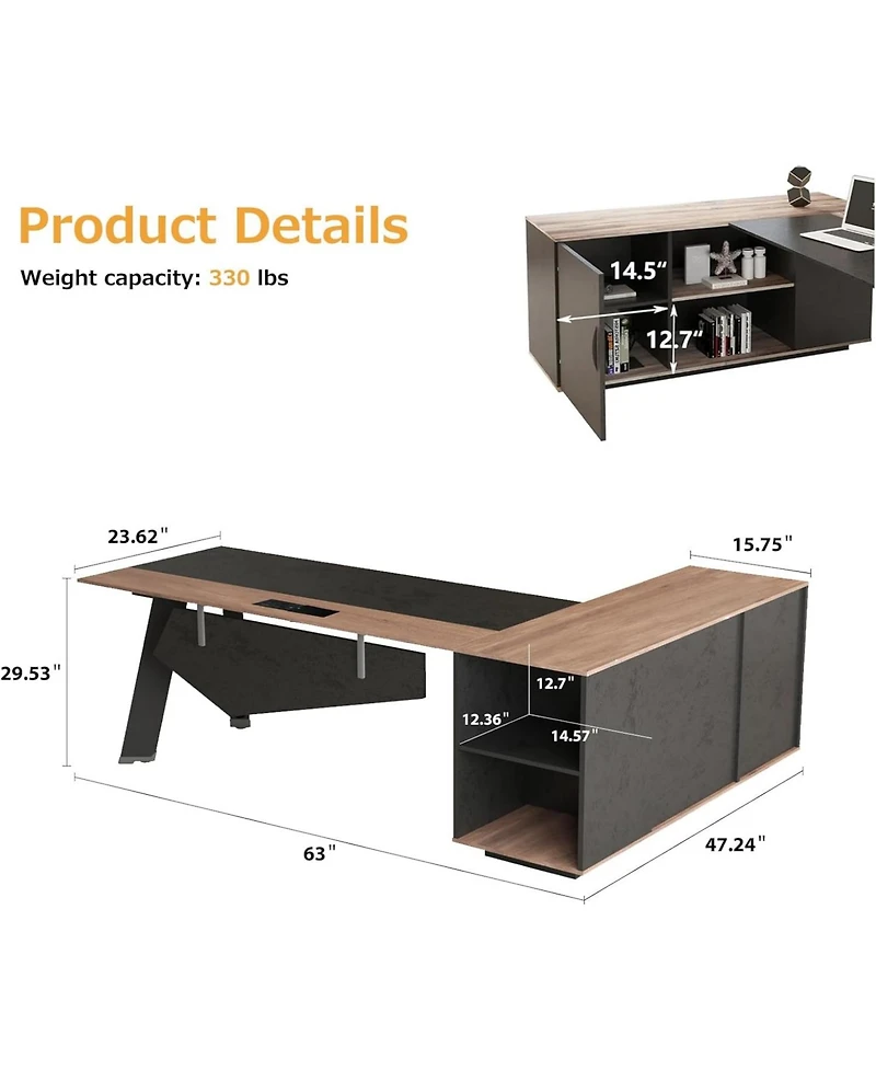 Logicfox 63 L Shaped Reversible Office Desk with lateral File Cabinet Open Shelves Power Outlet
