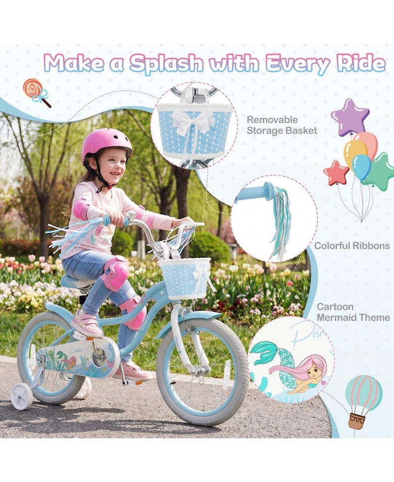 Sugift 16 in Mermaid Adjustable Kids' Bike with Training Wheels, Ages 3-7