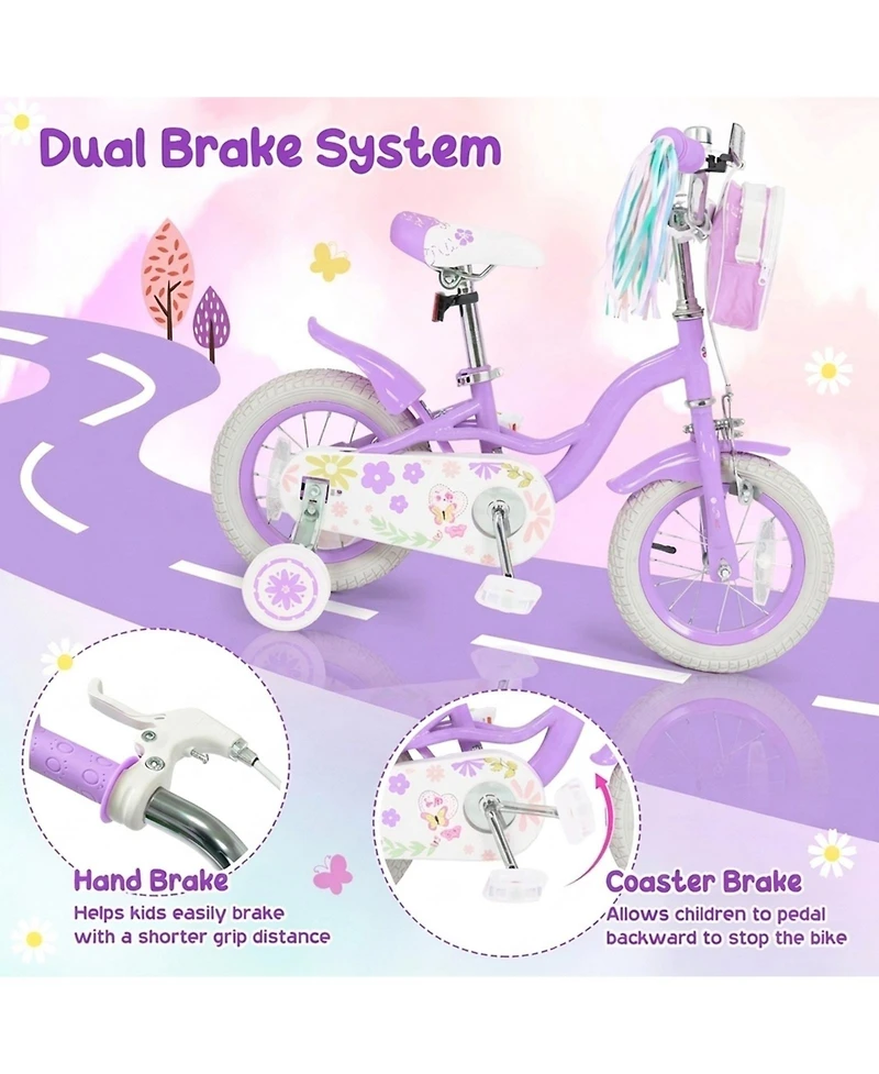 Sugift 12 in. Girls' Bike with Removable Training Wheels and Front Bag, Ages 3–4
