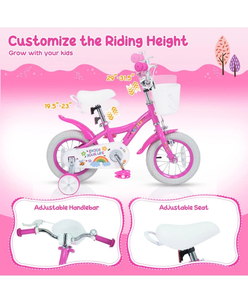 Sugift 14-Inch Adjustable Girls Bike with Dual Brake System and Training Wheels, Ages 3-5