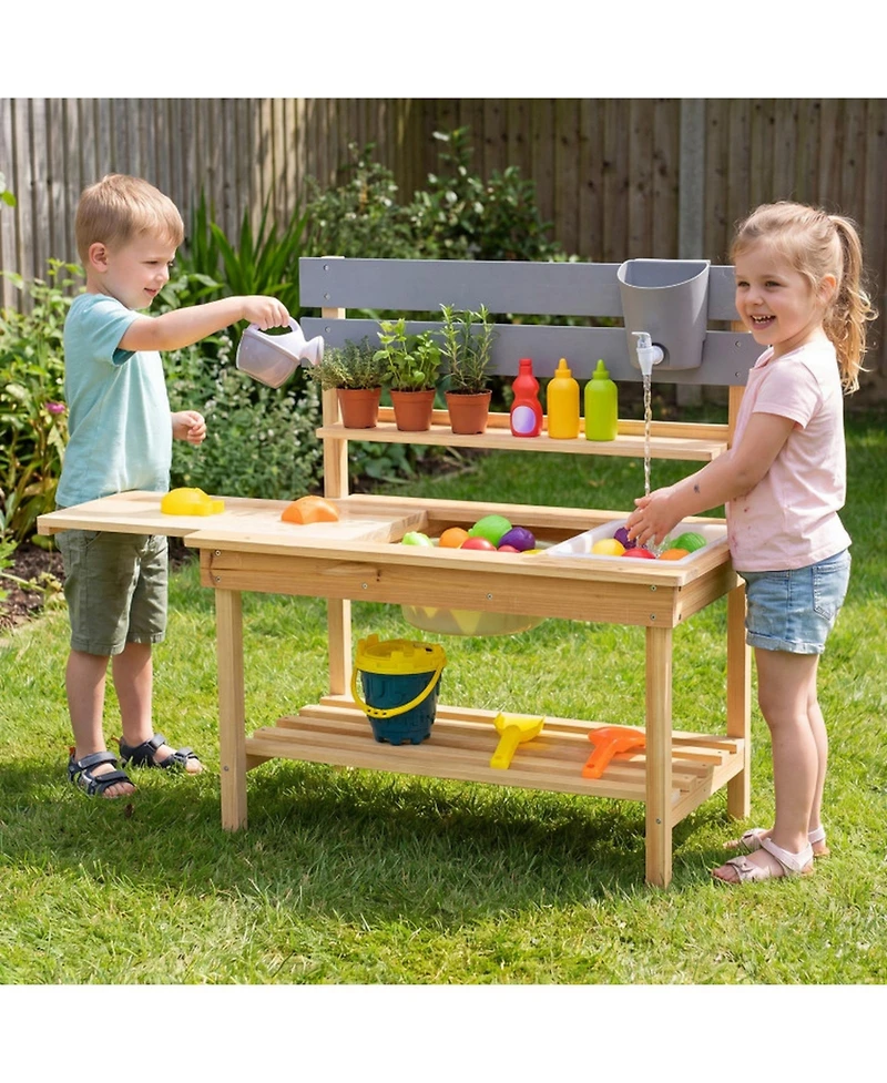 Sugift Outdoor Mud Kitchen with Pullout Tabletop and 2 Sinks, Ages 3+