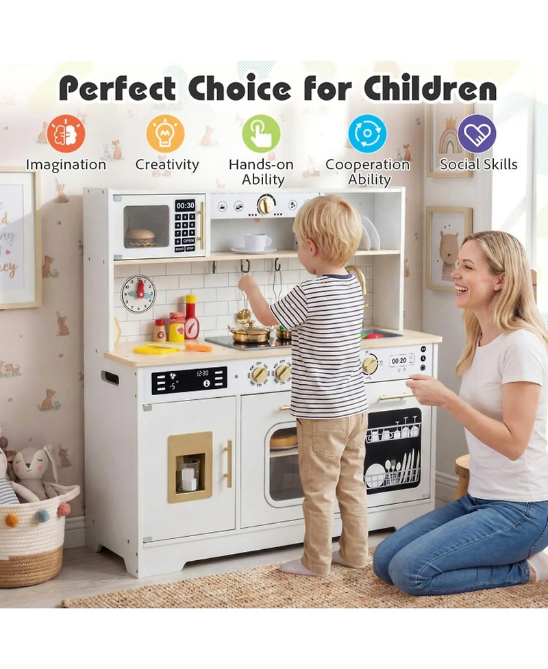 Sugift Lights and Sounds Wooden 14-Piece Play Kitchen, Ages 3+