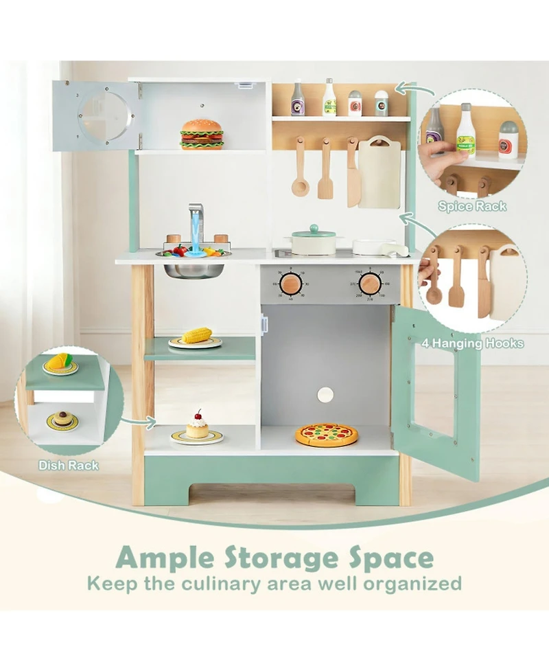 Sugift Wooden Play Kitchen with Chalkboard, 13-Piece Playset, Ages 3+