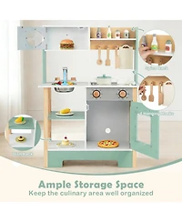 Sugift Wooden Play Kitchen with Chalkboard, 13-Piece Playset, Ages 3+