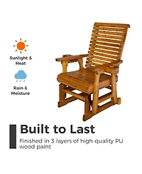 Mega Casa Solid Wood Outdoor Glider Chair, All-Weather High Back Patio Rocker with Dual Cup Holders