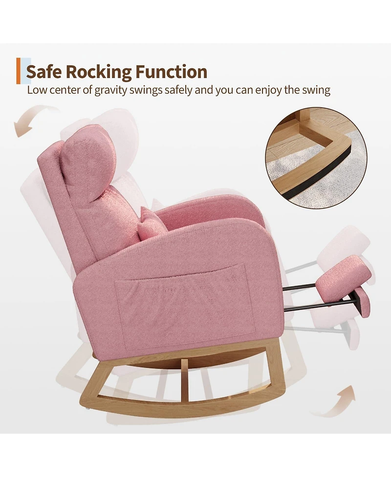 homfan Soft Teddy Fleece Rocking Chair Modern Nursery Glider Chair with Side Pockets and Pillow Extendable Footrest Upholstered Rocker for Living Room