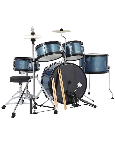 homfan Kids Drum Set - 5-Piece Junior Percussion Kit with Bass, Snare, Toms, Hi-Hat, Cymbal, Pedal and Adjustable Stool, Hardwood Construction
