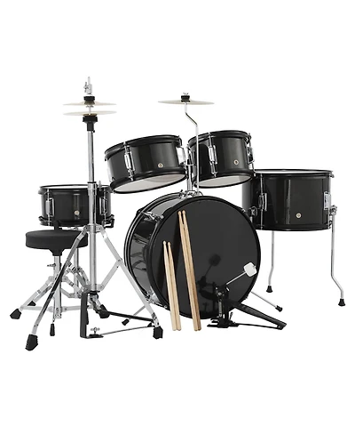 homfan Kids Drum Set - 5-Piece Junior Percussion Kit with Bass, Snare, Toms, Hi-Hat, Cymbal, Pedal and Adjustable Stool, Hardwood Construction