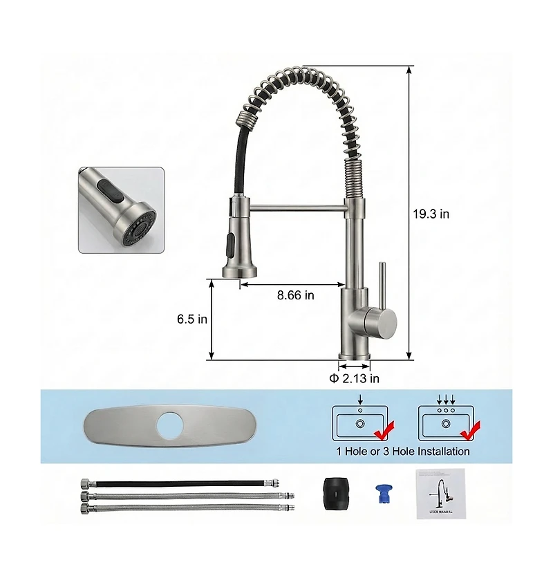 Busdays Brushed Nickel Kitchen Faucet with Pull Down Sprayer 1 Handle for 1 or 3 Hole Farmhouse Camper Laundry Rv Wet Bar Sink Stainless Steel