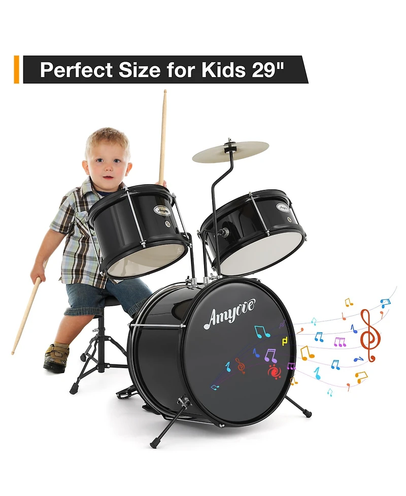homfan Kids Electronic Drum Set - 3-Piece Junior Percussion Kit with Cymbal, Tom, Bass Pedal, Drumsticks and Adjustable Throne