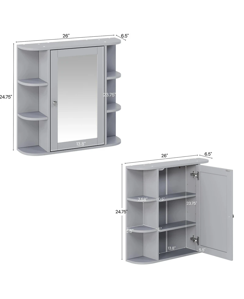 Busdays Bathroom Wall Cabinet with Mirror Medicine Storage Adjustable Shelf Doors and 6 Open Shelves Mounted