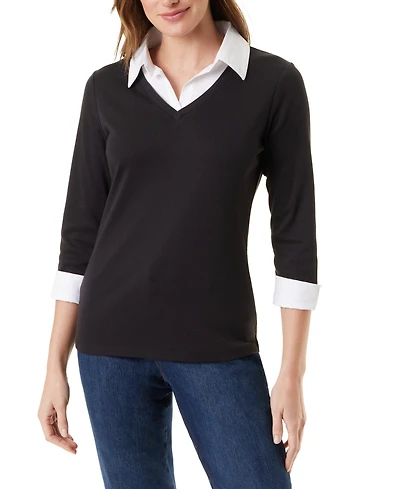 Gloria Vanderbilt Women's Maxine Knit 3/4-Sleeve V-Neck Faux-Layer Blouse