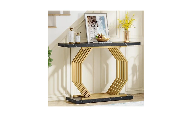 Slickblue Faux Marble Console Table with Geometric Metal Base