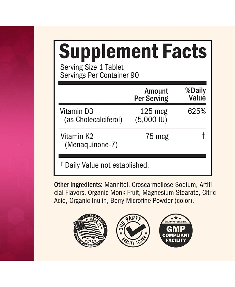 BioSchwartz Bariatric D3 Plus K2 Dissolvable Tablets, Support Post Bariatric Wellness Routine, Cherry Strawberry Flavor, 90 Tablets
