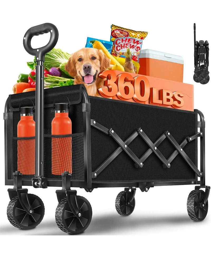 Mountaintop Wagons Carts Foldable, Collapsible Wagon, All-Terrain Wheels, 2 Cup Holders, Lightweight Cart for Beach, Camp, Sports, Garden