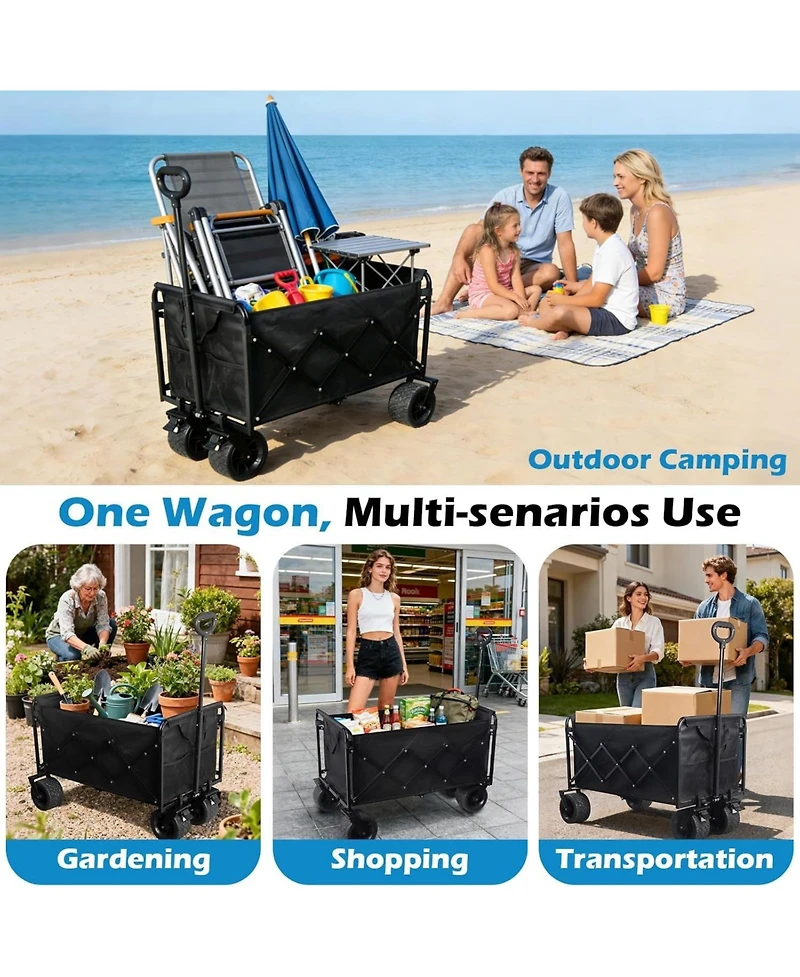 Mountaintop Collapsible Foldable Wagon Cart with All-Terrain Wheels, 360 Lbs Load, 2 Cup Holders, Portable Black Wagon for Beach, Camp and Garden