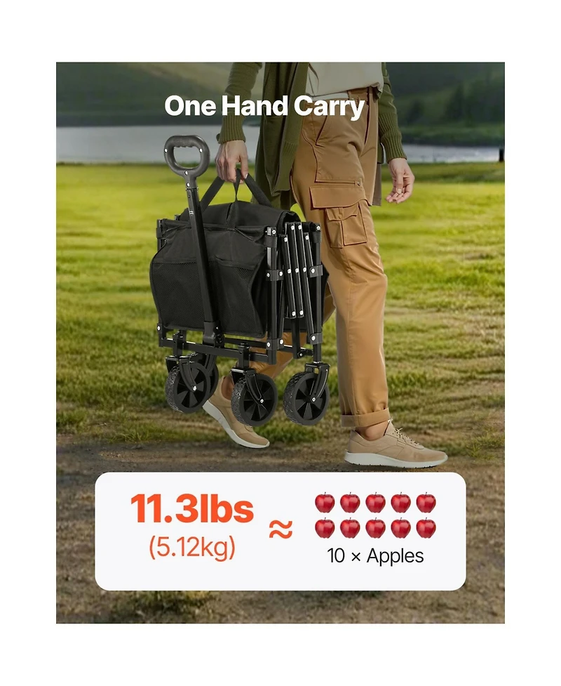 Mountaintop Collapsible Wagon Carts, All-Terrain Wheels, Adjustable Handle, Black Portable Cart for Beach, Grocery, Garden