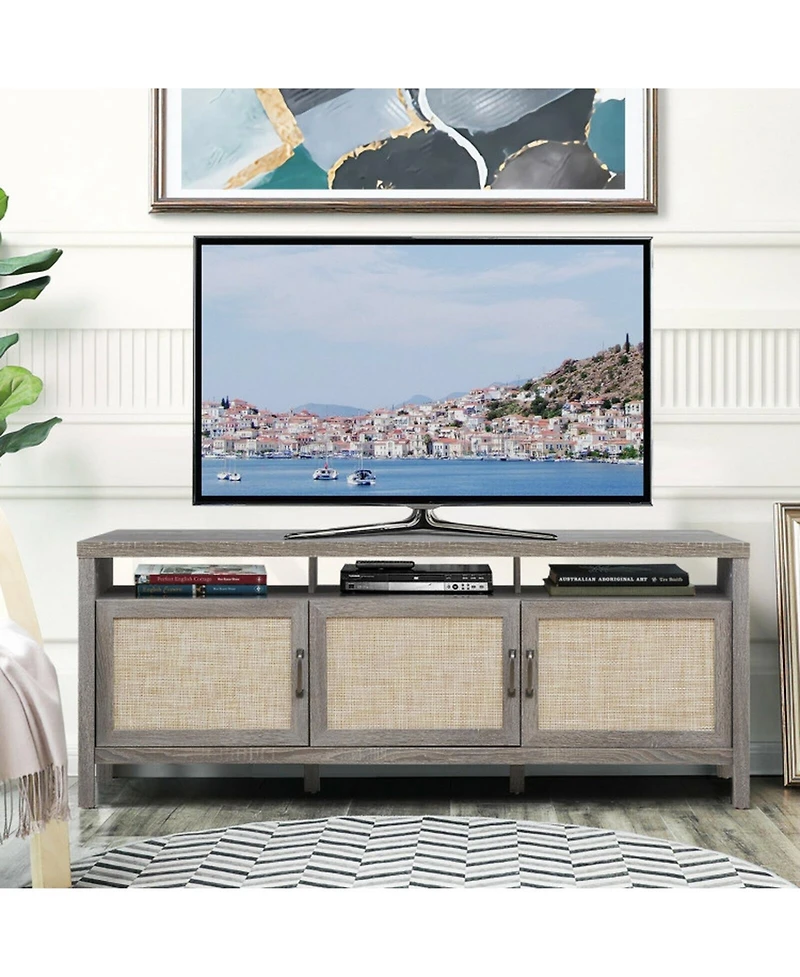 Gouun 62 in Entertainment Media Console with Rattan Doors and Solid Wood Legs for TVs up to 65 inch