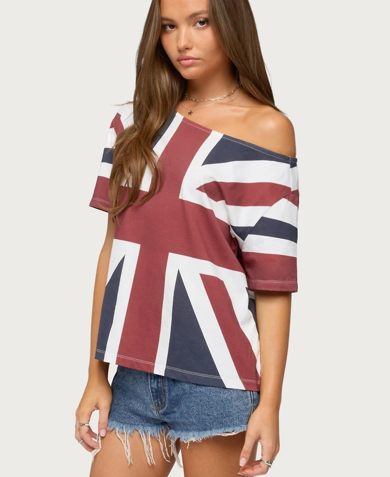 Edikted Women's Union Jack Short-Sleeve Off-Shoulder T-Shirt