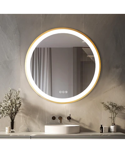Luvodi 24" Round Metal Framed Lighted Mirror Anti-Fog for Bathroom