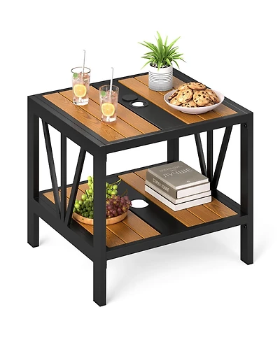 Gymax Outdoor Side Table 2-Tier Coffee End Table w/ 1.57'' Umbrella Hole Storage Shelf