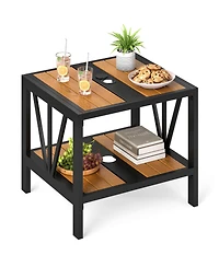 Gymax Outdoor Side Table 2-Tier Coffee End Table w/ 1.57'' Umbrella Hole Storage Shelf