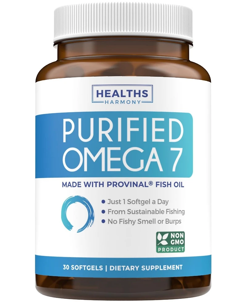 Healths Harmony Purified Omega 7 Softgel Capsules, Provinal Peruvian Anchovy Fish Oil Supplement, Health's Harmony, 30 Count