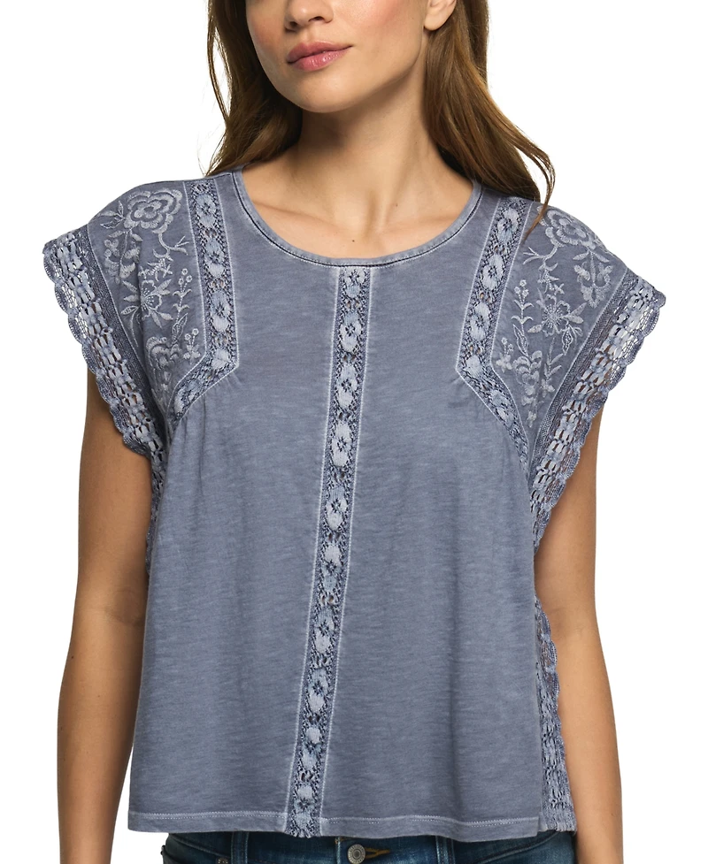 Lucky Brand Women's Embroidered Short-Sleeve Boxy Cotton-Blend T-Shirt