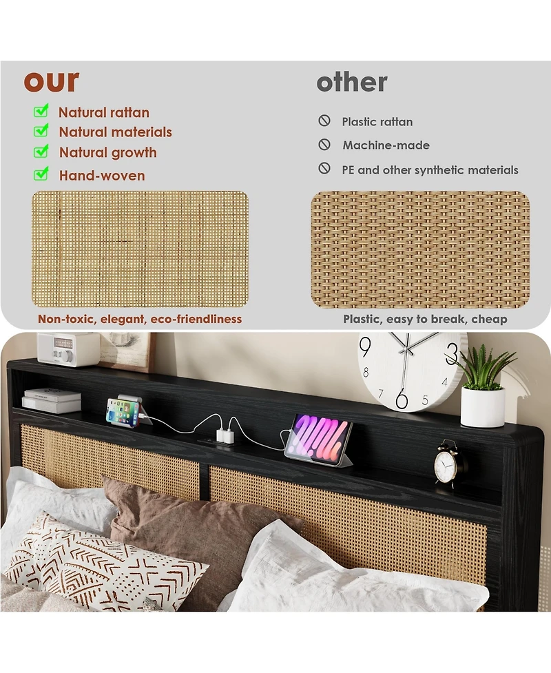 homfan Wooden Rattan Bed Frame Bohemian with Storage and Led Lights | Cane Headboard Charging Station, Slats, Noise-free, No Box Spring