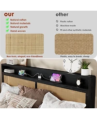 homfan Wooden Rattan Bed Frame Bohemian with Storage and Led Lights | Cane Headboard Charging Station, Slats, Noise-free, No Box Spring