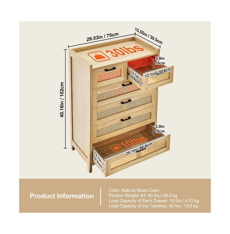 Slickblue Modern 5 Drawer Rattan Dresser for Bedroom and Hallway